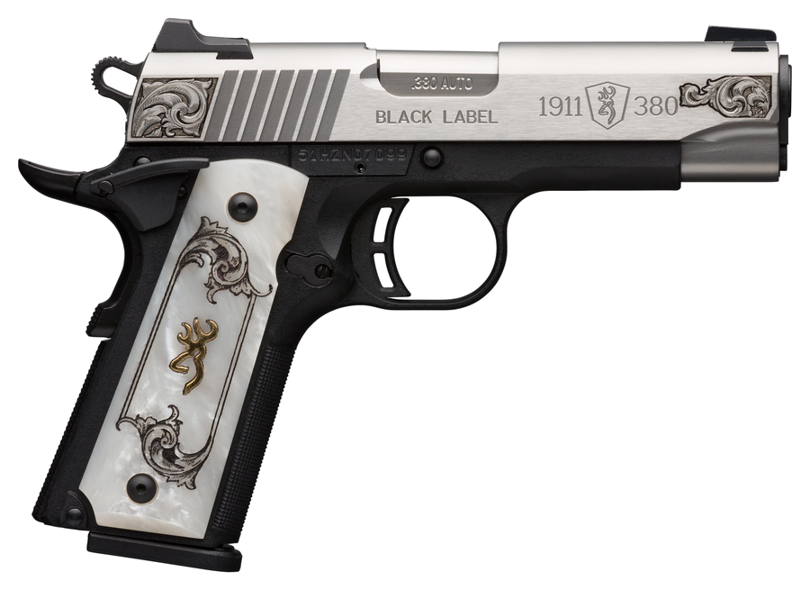 Browning 1911-380 Black Label .380 ACP Pistol – 3.6", 8+1, Stainless Steel, Alloy Frame, White Pearl Colored Grips, Steel 3-Dot Sights