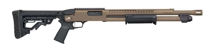 Mossberg 590r 12 Gauge Shotgun – 18.5", 6+1, 3" Chamber, Flat Dark Earth Cerakote, Synthetic Stock Black Synthetic AR Furniture – MPN 50756