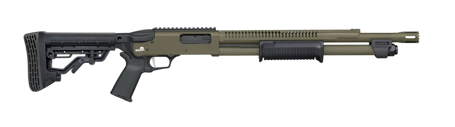 Mossberg 590r 12 Gauge Shotgun – 18.5", 6+1, 3" Chamber, Olive Drab Green Cerakote, Synthetic Stock Black Synthetic AR Furniture – MPN 50757