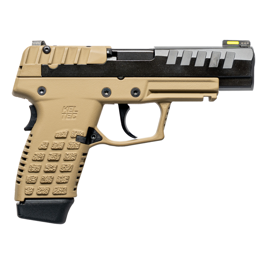Keltec P15 9mm Pistol – 4", 15+1, Blue, Polymer Frame, Tan Polymer, Fixed Rear, Fiber optic front