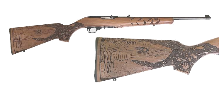 Ruger 10/22 Carbine .22 LR Rifle – 18.5", 10+1, Satin Black, Wood Stock Walnut "Great White Shark", Gold Bead Front/Folding Rear