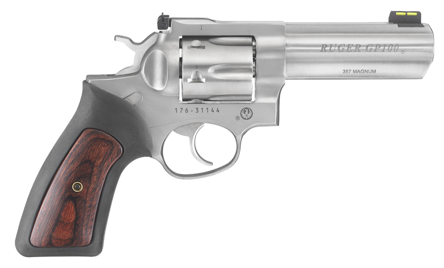 Ruger GP100 .357 Magnum / 38 Special Revolver – 4.2", 6-Round Capacity, Stainless, Steel Frame, Black Rubber with Hardwood Insert