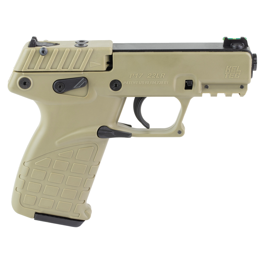 Keltec P17 .22 LR Pistol – 3.93", 16+1, Blue, Polymer Frame, Tan Polymer, Fixed Rear, Fiber optic front, includes three 16-round magazines