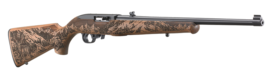 Ruger 10/22 Carbine .22 LR Rifle – 18.5", 10+1, Satin Black, Wood Stock Walnut "Mule Deer" Scene, Gold Bead Front/Folding Rear