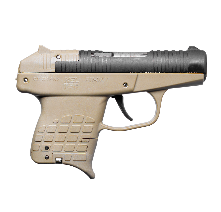 Keltec Pr-3at .380 ACP Pistol – 2.85", 10+1, Black, Polymer Frame, Tan Polymer, Fixed Rear, Fixed front, includes two 7-round magazines