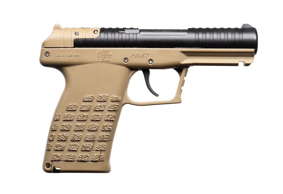 Keltec Pr-5.7 5.7 x 28mm Pistol – 4.64", 20+1, Blue, Polymer Frame, Tan Polymer, Fixed Rear, Fiber optic front