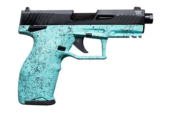 Taurus TX22 Gen 2 .22 LR Pistol – 4.1", 16+1, Black, Polymer Frame, Cyan Splatter Frame, FS: White Dot RS: Serrated