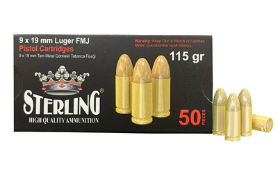 Sterling 9mm 115 Grain Full Metal Jacket Ammunition – 50 Rounds