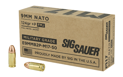 SIG Sauer Ammo 9mm 124 Grain Full Metal Jacket Ammunition – 50 Rounds, +P