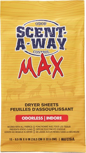 Hunters Specialties Dryer Sheets Scent-A-Way Max Odorless 6.5"X9" 15-Pack