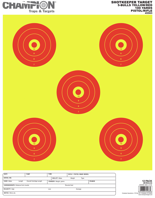 Champion Scorekeeper 5 Large Bullseye Trgts Yellow/Red 12-P