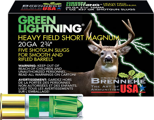 Brenneke USA Green Lightning 20 Gauge SLUG Ammunition – 5 Rounds