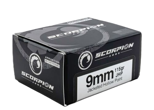 Scorpion Ammo 9mm 115 Grain Jacketed Hollow Point Ammunition – 20 Rounds