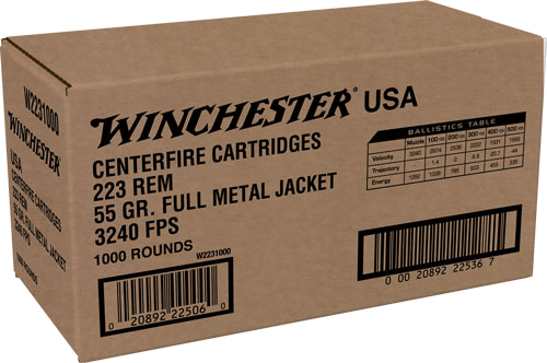 Winchester USA .223 Rem 55 Grain Full Metal Jacket Ammunition – 1000 Rounds