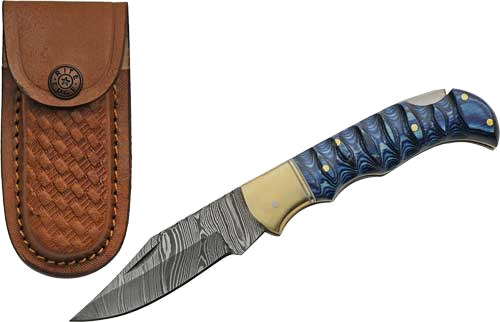 SZCO Rite Edge 3" Grooved Wood Damascus Lockback with Shth