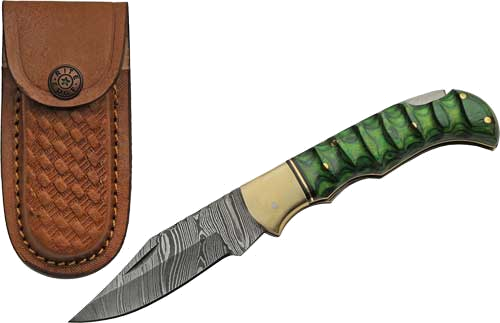 SZCO Rite Edge 3" Green Grooved Wood Damascus Lockback