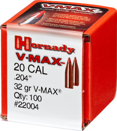 Hornady 20 Caliber .204 V-Max 100-Count 32 Grain Bullets – 100-Pack