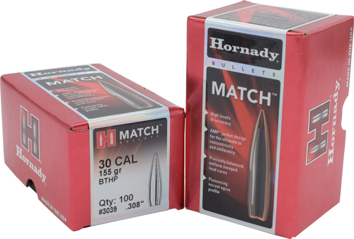 Hornady 30 Caliber 308 Jhp-Bt Match 100-Count .308 Win 155 Grain Bullets – 100-Pack
