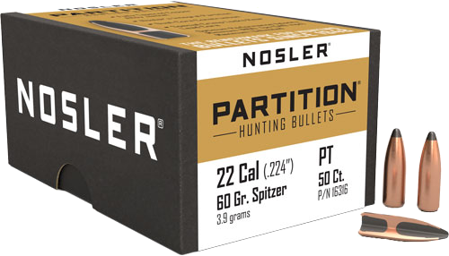 Nosler 22 Caliber .224 Partition 50-Count 60 Grain Bullets – 50-Pack