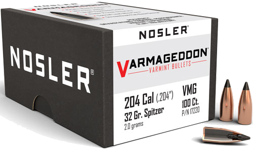 Nosler 20 Caliber .204 Varmageddon Tipped 100-Count 32 Grain Bullets – 100-Pack