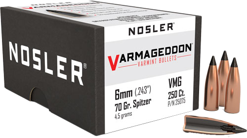 Nosler 6mm .243 Varmageddon Tipped 250-Count .243 Win 70 Grain Bullets – 250-Pack