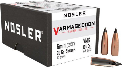 Nosler 6mm .243 Varmageddon Tipped 100-Count .243 Win 70 Grain Bullets – 100-Pack